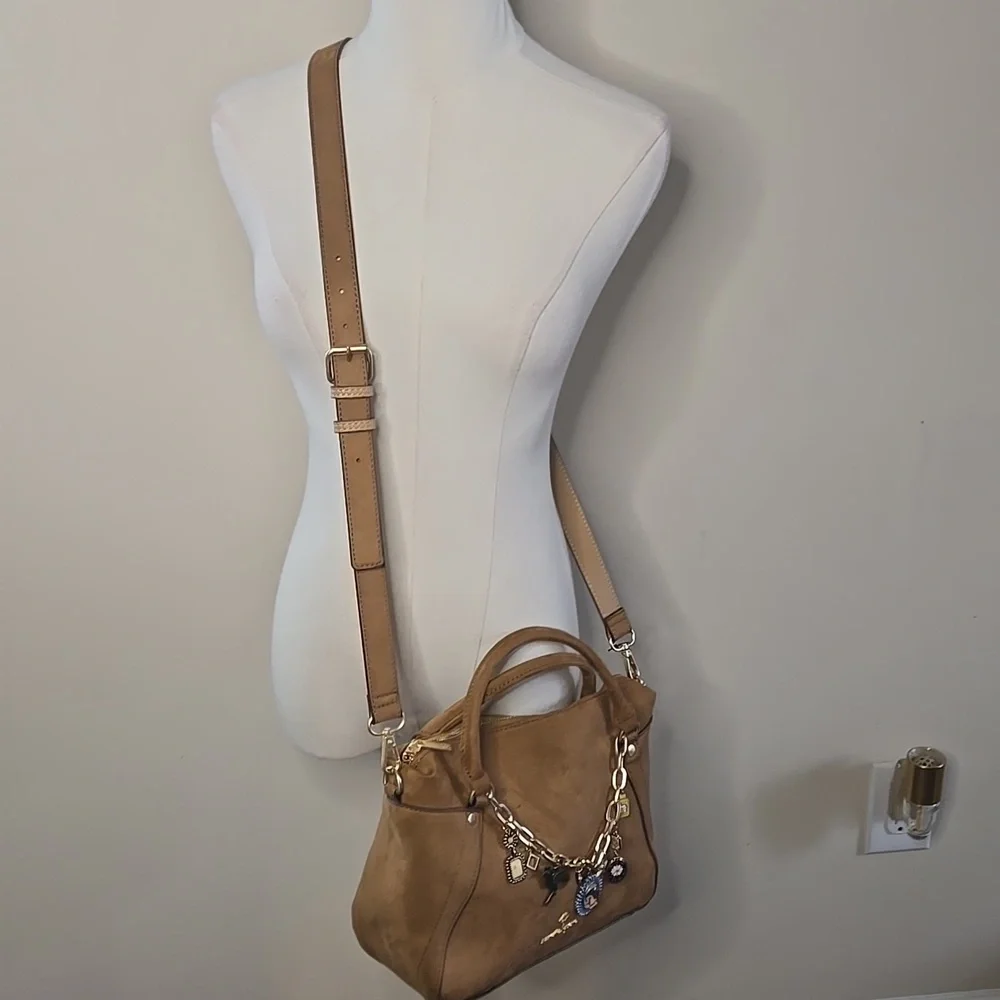 Nanette Lepore Tan Suede Purse Gold Accents Bag Charms Removable Strap Western - Picture 2 of 8